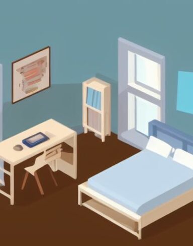 A bedroom with a bed and desk in it