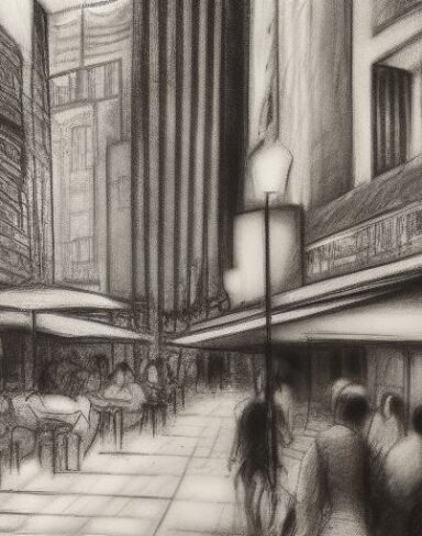 A black and white Charcoal drawing of a soothing city street with restaurant and bar