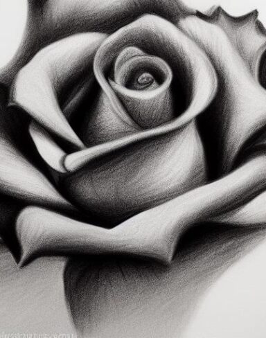 A black and white charcoal drawing of a rose flower