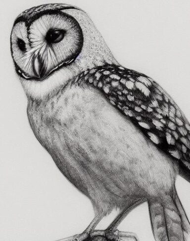 A black and white drawing of a beautiful bird