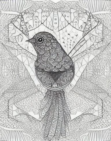 A black and white drawing of a bird