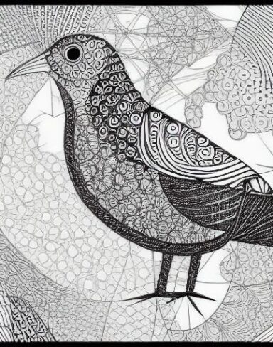 A black and white drawing of a bird