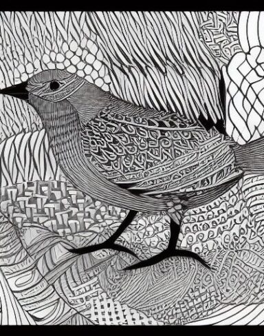 A black and white drawing of a bird