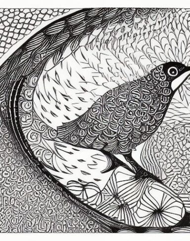 A black and white drawing of a bird