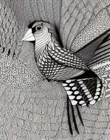 A black and white drawing of a bird