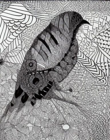 A black and white drawing of a bird