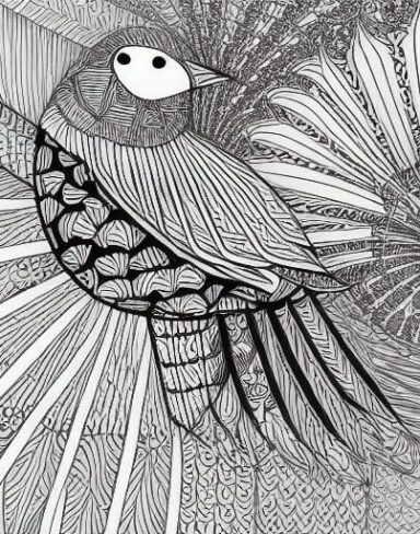 A black and white drawing of a bird