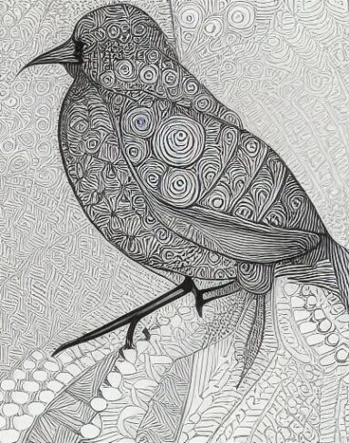 A black and white drawing of a bird