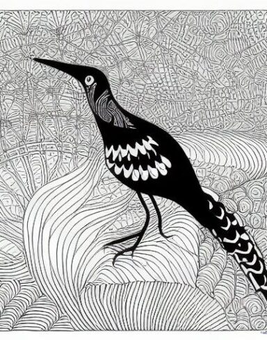 A black and white drawing of a bird