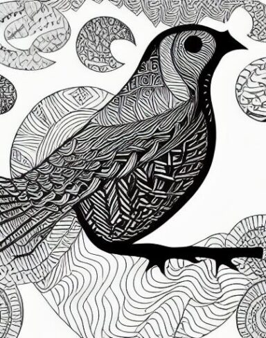 A black and white drawing of a bird