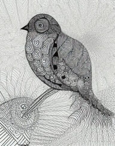 A black and white drawing of a bird