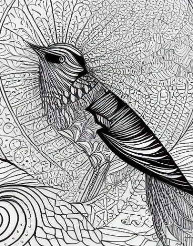 A black and white drawing of a bird
