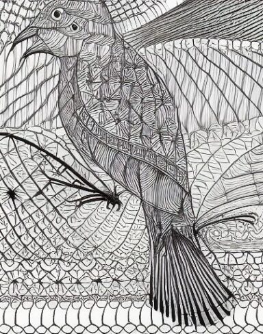 A black and white drawing of a bird