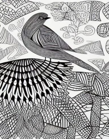 A black and white drawing of a bird
