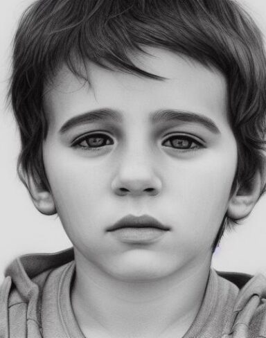 A black and white drawing of a boy