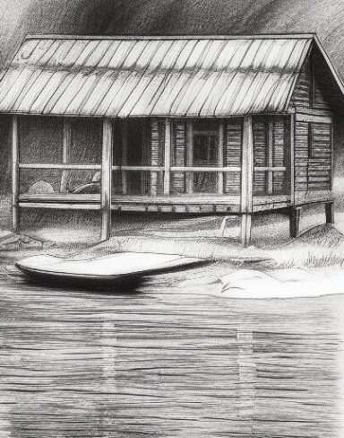 A black and white drawing of a cabin by a lake