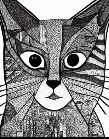 A black and white drawing of a cat