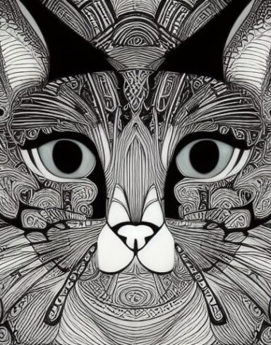 A black and white drawing of a cat