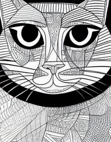 A black and white drawing of a cat