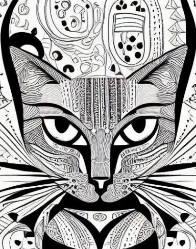 A black and white drawing of a cat