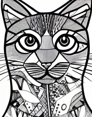 A black and white drawing of a cat