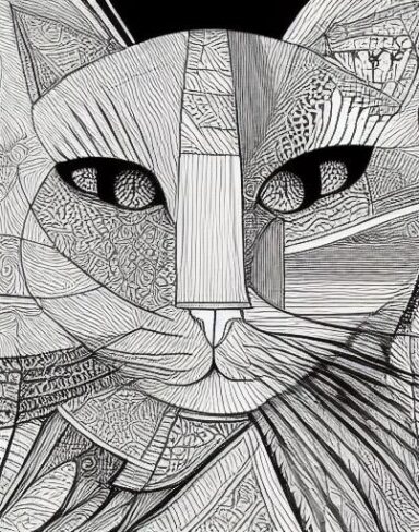 A black and white drawing of a cat