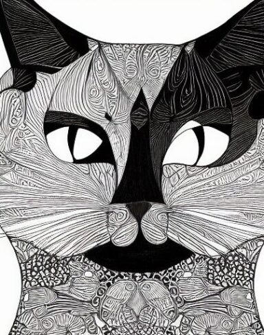 A black and white drawing of a cat