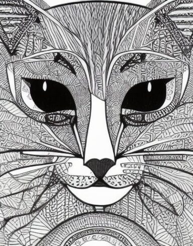 A black and white drawing of a cat
