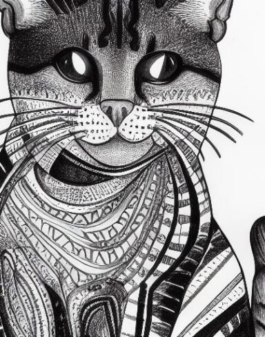 A black and white drawing of a cat
