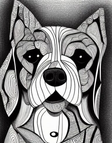A black and white drawing of a dog
