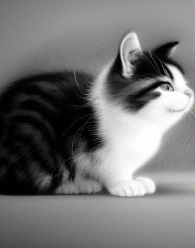A black and white drawing of a eating kitten