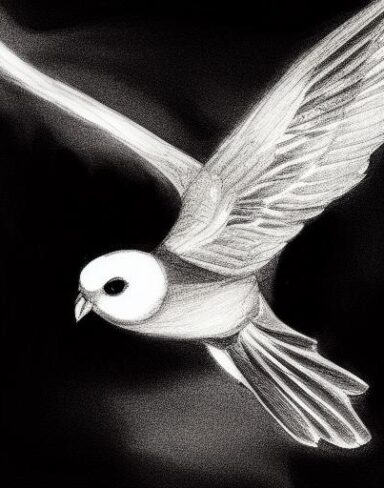 A black and white drawing of a flying sparrow bird