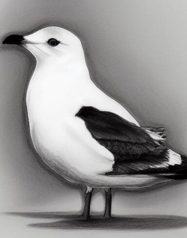 A black and white drawing of a gull