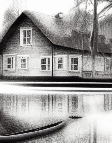 A black and white drawing of a house by a lake
