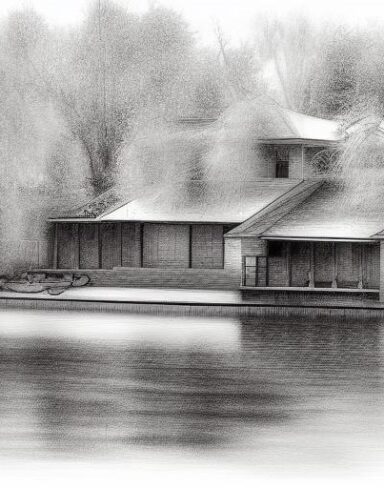 A black and white drawing of a house by a lake