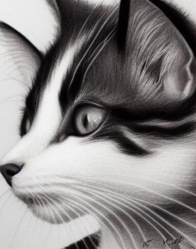 A black and white drawing of a kitten