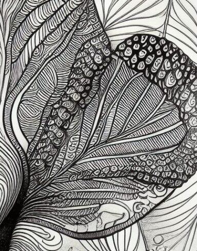 A black and white drawing of a leaf