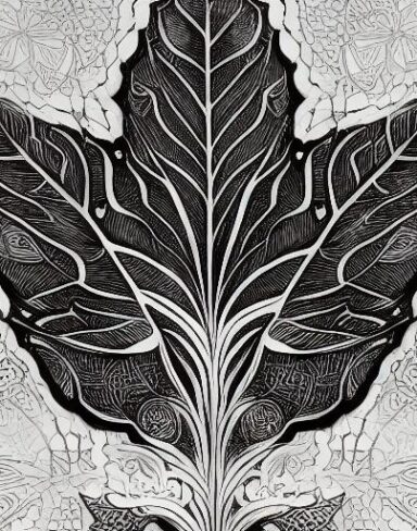 A black and white drawing of a leaf