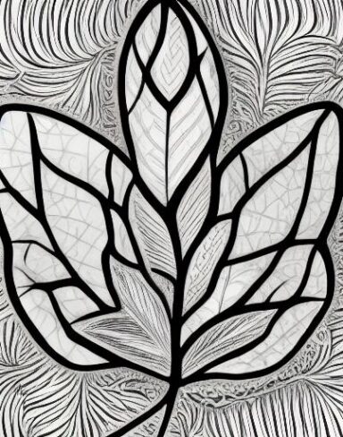 A black and white drawing of a leaf