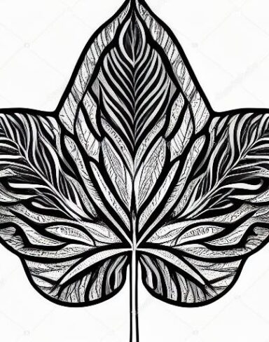A black and white drawing of a leaf