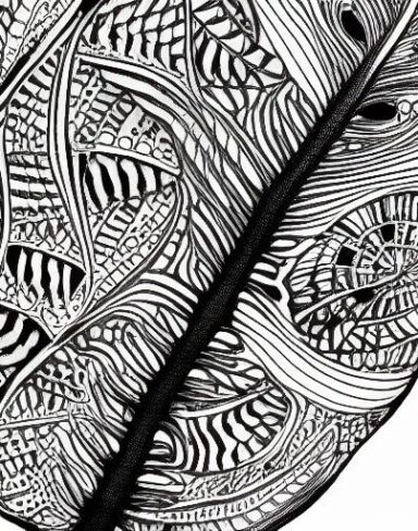 A black and white drawing of a leaf