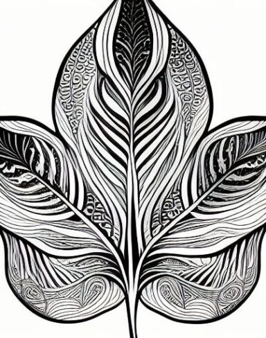 A black and white drawing of a leaf
