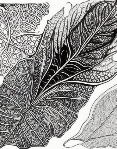 A black and white drawing of a leaf