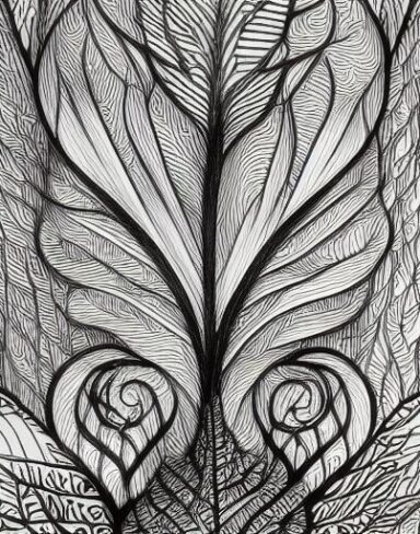 A black and white drawing of a leaf