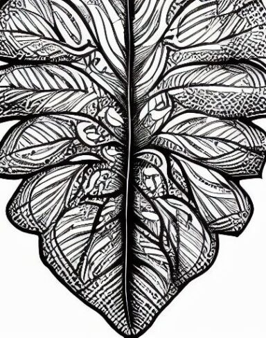 A black and white drawing of a leaf