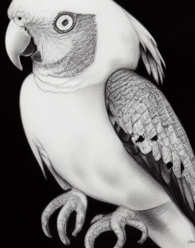 A black and white drawing of a parrot