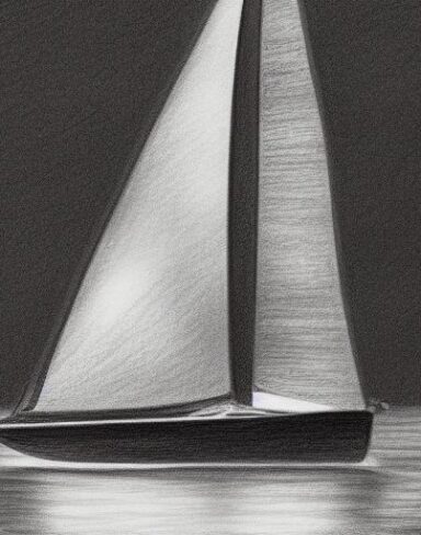 A black and white drawing of a sailboat in the water