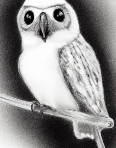 A black and white drawing of a small flying bird