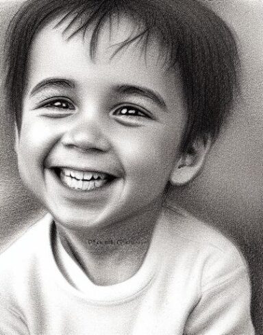 A black and white drawing of a smiling little boy