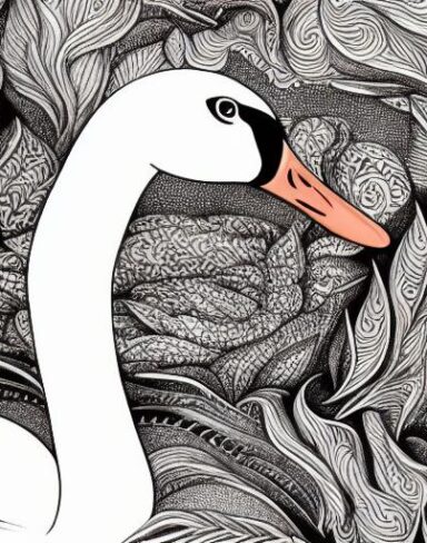 A black and white drawing of a swan